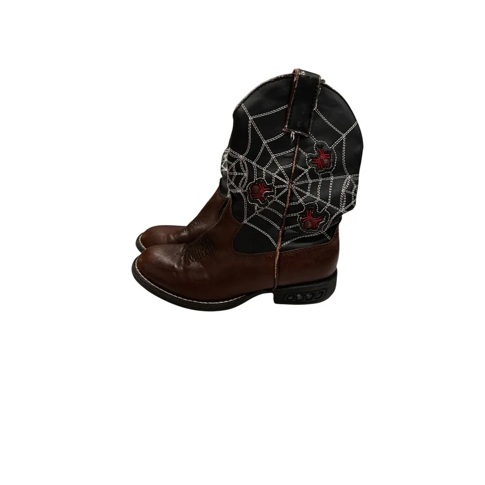 Roper Kids Spider Web Western Cowboy Boots Brown Black Light Up Red Spiders 11